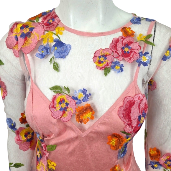 For Love & Lemons Percy Mini Dress Sheer Coquette Womens Small Pink Floral Fairy - Picture 6 of 15